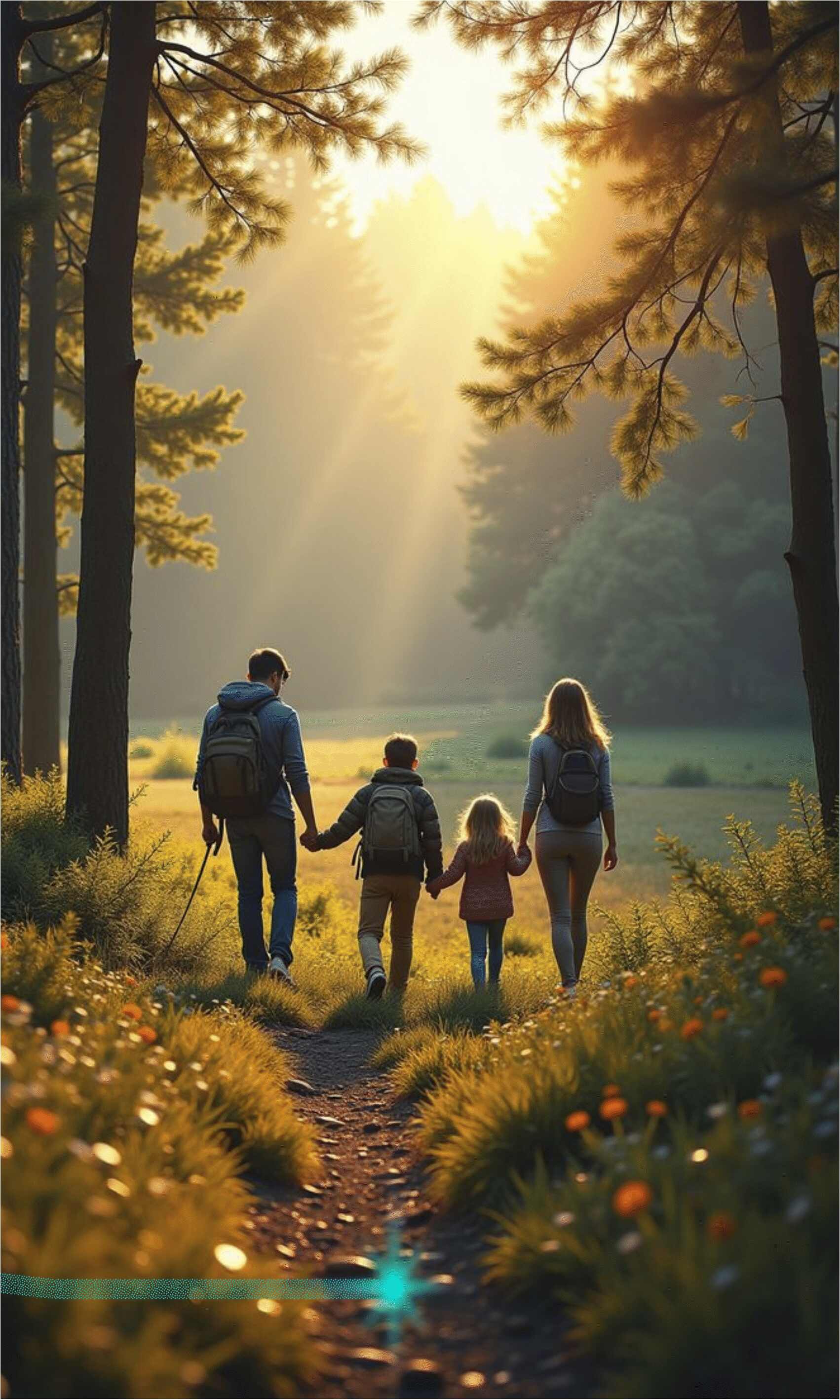 Familia caminando en el bosque